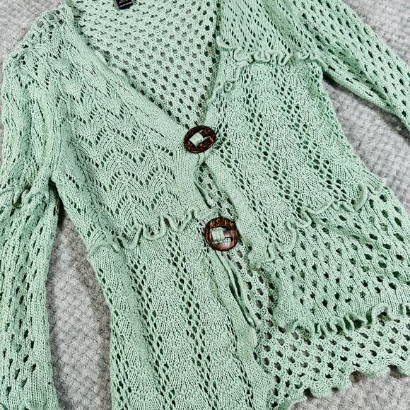 vintage y2k light green crochet boho slouchy open front cardigan knit sweater xl - Picture 4 of 7